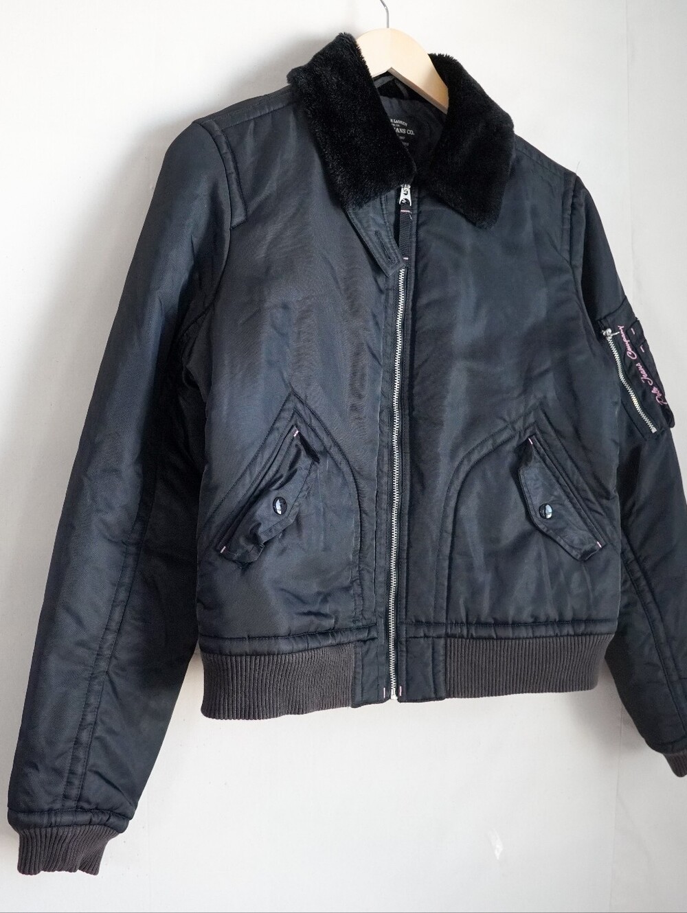 Polo Jeans Co Ralph Lauren Black Bomber Jacket Faux Fur Collar Large Y2K